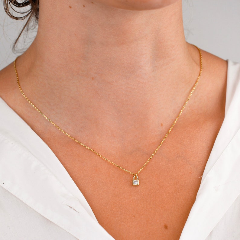 Diamond Padlock Necklace, Diamond Charm Necklace, Dainty Lock Pendant, Lock With Diamond Necklace, Minimalist Pendant, Gift For Her image 1