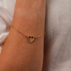 Pave Heart Bracelet, Diamond Heart Bracelet, Gold Bracelet For Women, Love Heart Bracelet, Dainty Bracelet, Gift For Her, Romantic Jewelry image 5