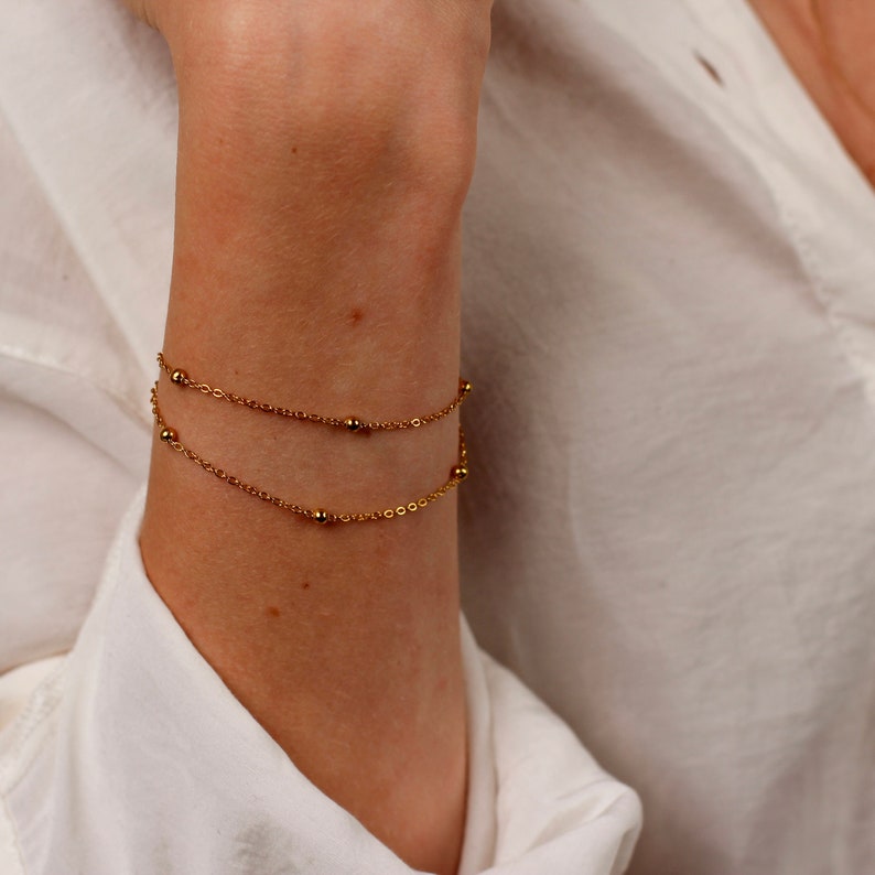 Double Gold Chain Bracelet, Duo Bead Chain Bracelet, Double Satellite Bracelet, Minimalist Gold Bracelet, Layered Bracelet For Women image 1