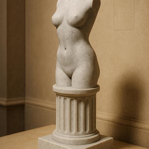 Op de afbeelding: Een marmeren sculptuur van een vrouwelijk torso, gemonteerd op een klassiek kolomvoetstuk. De sculptuur is lichtgrijs van kleur en wordt tentoongesteld op een tafel met marmeren blad. De sculptuur is een weergave van de vrouwelijke vorm.