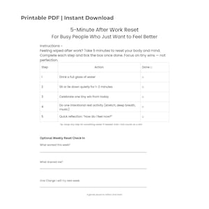 5-Minute After Work Reset Printable | Simple Self-Care for Busy & Exhausted Days | Instant Download