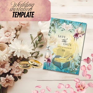 Elegant Save the Date Template | Teal Watercolor & Gold | Floral Design | Canva