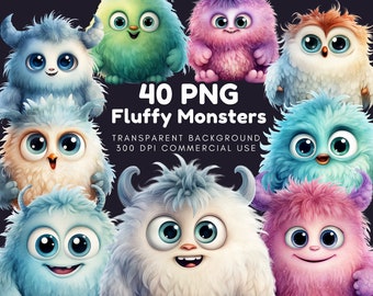 Watercolor Fluffy Monster Clipart: 40 PNGs, Nursery Decor (Digital Download)