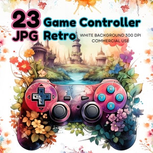 Retro gamer's Dream, bloemen gamecontroller JPG, vintage gamingdecor, retro gaming Bliss - kleurrijke gamecontroller met bloemenaccenten JPG