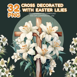 Leliekruis voor Pasen, sereen christelijk symbool clipart, elegante paaslelies kruis clipart, religieuze PNG digitale kunst, opstanding zondag
