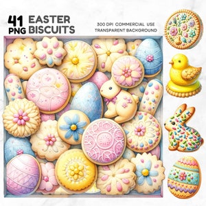 May include: 41 Easter biscuit PNG images with a transparent background. The biscuits are decorated with pastel colors, flowers, bunnies, and eggs.