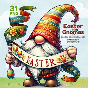 May include: A colorful Easter gnome holding a banner that says "Easter". The gnome is wearing a red and white hat with a floral pattern and a red and white beard. The gnome is standing on a green grassy field.