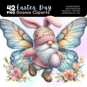 May include: A pink gnome with a white beard and a pink bunny hat is holding a colorful Easter egg. The gnome has blue butterfly wings and is surrounded by pink flowers.