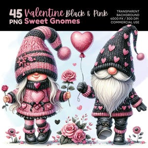May include: Two gnomes, one holding a pink heart balloon and the other holding a pink rose, are dressed in pink and black striped sweaters with pink hearts. They are standing in a field of pink roses.