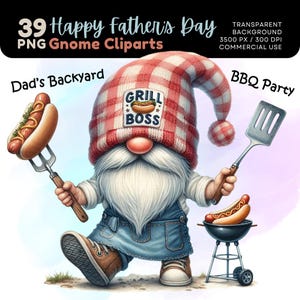 Father&#39;s Day BBQ Gnome Clipart Set: 39 PNGs for Sublimation (Digital Download) father gnome