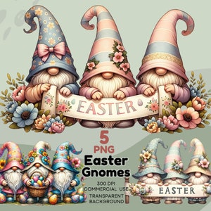 May include: Five digital illustrations of Easter gnomes. Each gnome is wearing a pink, blue, or white hat with a floral design. The gnomes are holding a banner that says "Easter".