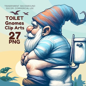 Humoristische kabouter badkamer kunst, grillig toilet decor, grappige kabouter digitale PNG, humoristische toilet kabouter illustraties, tuinkabouters kunst
