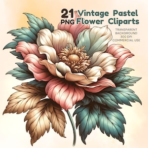 pastel flowers, 21 Vintage Flowers PNG Images, Fussy Cut Clipart, Digital Sticker for Note Apps, Junk Journals, Scrapbooking, Vintage Floral