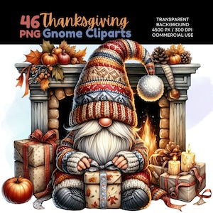 May include: A watercolor illustration of a Thanksgiving gnome sitting in front of a fireplace, holding a gift. The gnome wears a patterned hat and sweater. The image includes pumpkins, gifts, and the text "46 Thanksgiving PNG Gnome Cliparts".