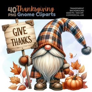 May include: A Thanksgiving gnome wearing a plaid hat and holding a sign that says "Give Thanks". The gnome is standing in front of a pumpkin and fall leaves.