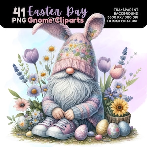 May include: A pink and blue gnome wearing a bunny hat and holding a basket of Easter eggs. The gnome is surrounded by spring flowers.