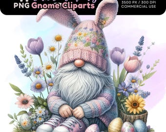 Easter Gnome Clipart Bundle: Bunny Ears, Floral Design (PNG, Digital Download)