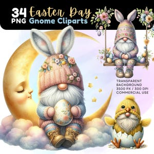 May include: A set of 34 digital clipart images featuring gnomes dressed in Easter-themed outfits. The gnomes are holding Easter eggs, wearing bunny ears, and sitting on a crescent moon. The images have a transparent background and are 3500 pixels by 300 DPI.
