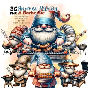 BBQ Gnome Clipart Set: Whimsical Barbecue Gnomes (36 PNG) (Digital Download)