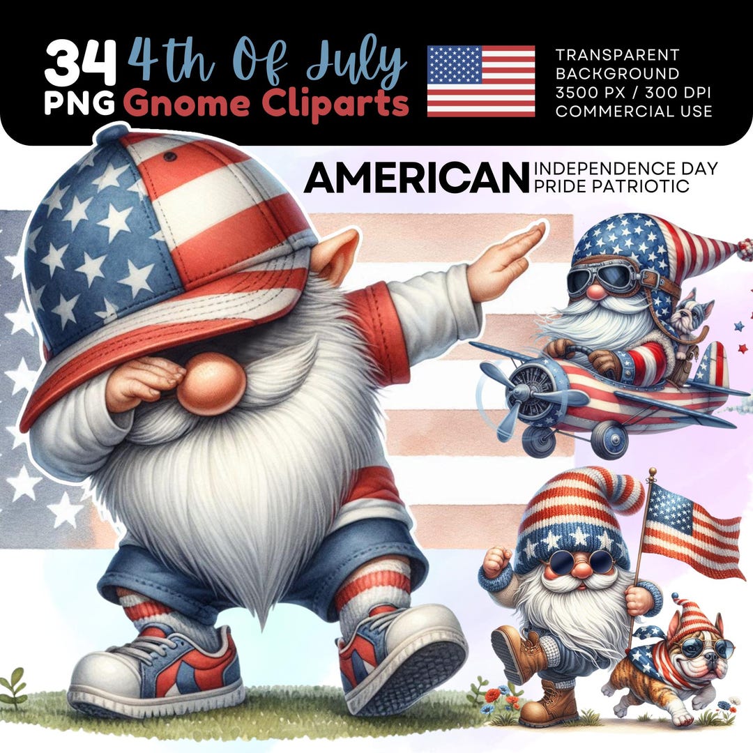 4th of July Gnome Clipart Bundle: Patriotic USA PNG Images (digital ...