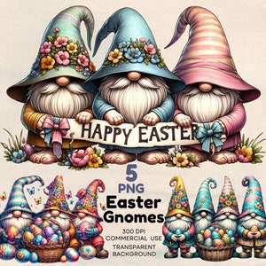 May include: Five digital illustrations of Easter gnomes holding baskets of colorful eggs. The gnomes are wearing festive hats and holding a banner that reads "Happy Easter".