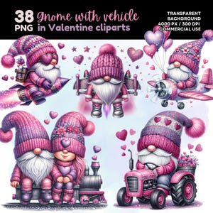 May include: Set of 38 digital Valentine's Day clip art images featuring pink gnomes with various vehicles, including a rocket, aeroplane, tractor, and train. The gnomes are wearing pink hats and have white beards. The images have a transparent background.
