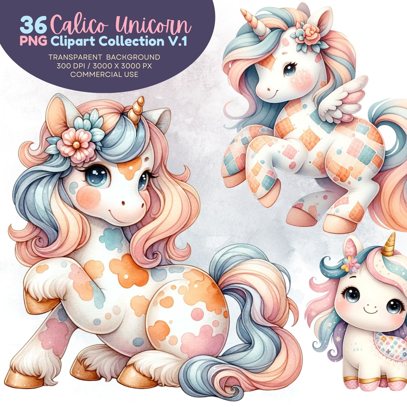 Baby Unicorn Watercolor Clipart: 36 Calico PNG Files (digital Download ...