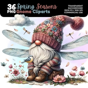 Bundle de cliparts nain de printemps avec des éléments floraux et saisonniers, ensemble de cliparts nain de printemps, gnomes floraux fantaisistes pour travaux manuels saisonniers