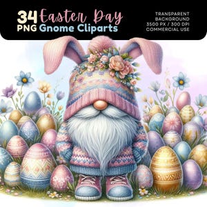 May include: A pink and blue gnome wearing a bunny hat with a flower crown and holding a basket of colorful Easter eggs.