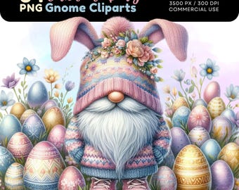 Easter Gnome Clipart Bundle: Bunny Ears, Floral Design (PNG, Digital Download)