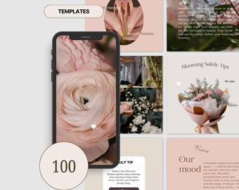 May include: A smartphone displays a floral design with the word "TEMPLATES" and the number "100". The image features a collection of social media templates with floral and botanical themes, including tips and quotes.