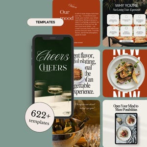 May include: A promotional image featuring a smartphone displaying the word "Cheers" in elegant script, surrounded by food and drink-themed social media templates. The image includes the text "622+ templates".