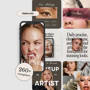 May include: A collection of beauty-themed social media templates. The image features a smartphone displaying a woman's face with the text "STAY TURNED". Other squares show makeup products, faces, and text like "Our Makeup Services" and "Bookings are OPEN".
