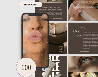 May include: A digital marketing template set featuring 100 templates for social media posts. The design includes images of skincare products, facial close-ups, and text overlays with phrases like "Skin Makeover Story" and "At-Home Skin Care Tips."