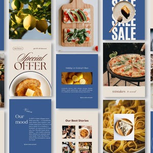 Op de afbeelding: Een collage van voedselgerelateerde afbeeldingen, waaronder een pizza, pasta en gerechten met groenten en vlees. Tekst bevat "SALE", "Special Offer" en "Holiday or Festival Vibes". De afbeeldingen staan op een blauwe en beige achtergrond.