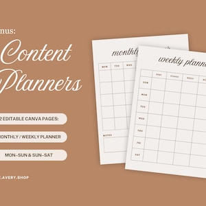 Pode incluir: Dois planejadores de conte&uacute;do bege, um rotulado como "mensal" e o outro "planejador semanal", s&atilde;o exibidos em um fundo marrom. O texto "Content Planners" &eacute; escrito em um script elegante. O texto adicional inclui "2 p&aacute;ginas Canva edit&aacute;veis" e "Seg-Dom & Dom-S&aacute;b".