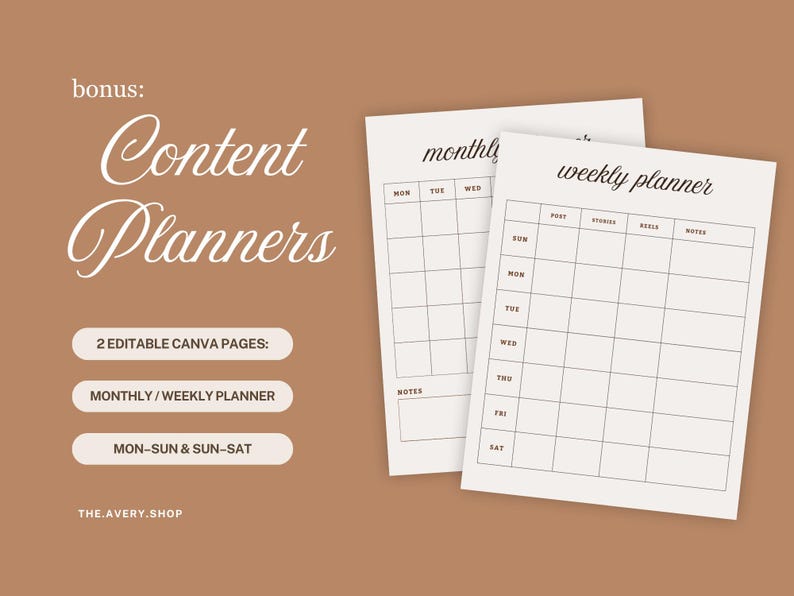 Pode incluir: Dois planejadores de conte&uacute;do bege, um rotulado como "mensal" e o outro "planejador semanal", s&atilde;o exibidos em um fundo marrom. O texto "Content Planners" &eacute; escrito em um script elegante. O texto adicional inclui "2 p&aacute;ginas Canva edit&aacute;veis" e "Seg-Dom & Dom-S&aacute;b".
