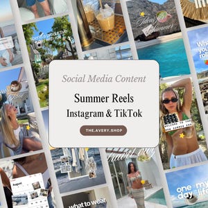 May include: A digital collage of social media content featuring various summer-themed photographs and videos. The central white rectangular overlay displays the text Social Media Content, Summer Reels, Instagram & TikTok, and THE.AVERY.SHOP.