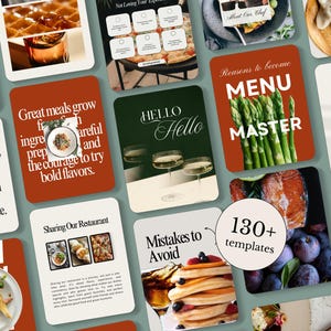 May include: A collection of food-related social media templates. The templates feature images of food, drinks, and text overlays with phrases like "Menu Master," "Hello," and "Mistakes to Avoid." The templates are designed for restaurant promotion.
