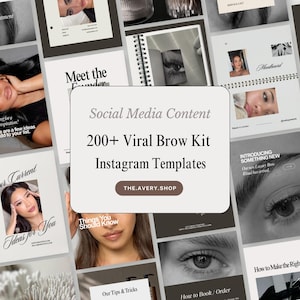 Könnte beinhalten: Eine digitale Sammlung von 200+ Viral Brow Kit Instagram-Vorlagen mit verschiedenen Social-Media-Inhaltslayouts, einschließlich Nahaufnahmen von Augen, Textüberlagerungen und Branding-Elementen mit der Website-Adresse THE.AVERY.SHOP.