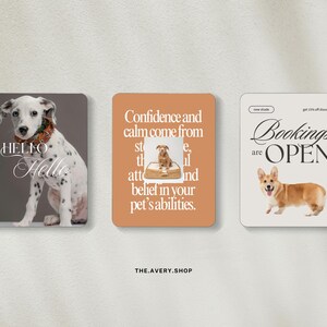 Pode incluir: Tr&ecirc;s cart&otilde;es retangulares com ilustra&ccedil;&otilde;es de c&atilde;es e texto. Um cart&atilde;o apresenta um d&aacute;lmata com o texto "Hello". Outro tem uma ilustra&ccedil;&atilde;o de c&atilde;o e o texto "Confian&ccedil;a e calma v&ecirc;m de...cren&ccedil;a nas habilidades do seu animal de estima&ccedil;&atilde;o". O &uacute;ltimo cart&atilde;o diz "Bookings are OPEN" com um Corgi.