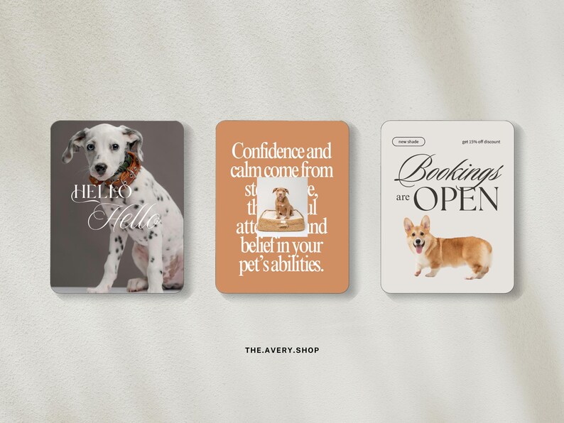Pode incluir: Tr&ecirc;s cart&otilde;es retangulares com ilustra&ccedil;&otilde;es de c&atilde;es e texto. Um cart&atilde;o apresenta um d&aacute;lmata com o texto "Hello". Outro tem uma ilustra&ccedil;&atilde;o de c&atilde;o e o texto "Confian&ccedil;a e calma v&ecirc;m de...cren&ccedil;a nas habilidades do seu animal de estima&ccedil;&atilde;o". O &uacute;ltimo cart&atilde;o diz "Bookings are OPEN" com um Corgi.