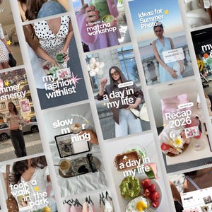 May include: A collage of social media posts featuring various lifestyle scenes including a white polka dot dress, a matcha drink, a light blue halter dress, a gym workout, a street outfit, a breakfast plate with avocado and eggs, and text overlays.