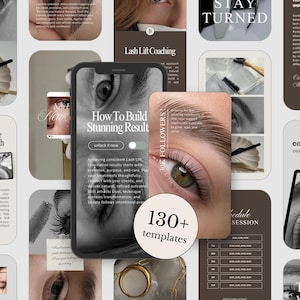 Peut inclure: Un collage numérique avec des images liées aux services de rehaussement de cils. Un smartphone affiche le texte : "How To Build Stunning Results." D'autres images incluent des gros plans d'yeux, des outils de cils et le texte : "130+ templates."
