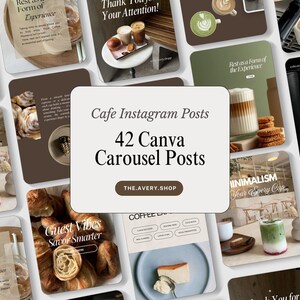 May include: A collection of 42 Canva carousel posts for cafes, featuring images of coffee, pastries, and cafe scenes. The posts include text overlays with phrases like "Minimalism", "Guest Vibes", and "Take Your Time".