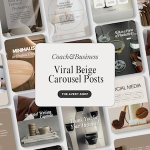 Puede incluir: Una colección de publicaciones de carrusel de redes sociales en tonos beige con superposiciones de texto. La publicación central dice "Coach & Business Viral Beige Carousel Posts" con una dirección web. Otras publicaciones presentan texto como "Rest as a Form of Productivity".