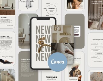 May include: A smartphone screen displays the word "NEW" repeated three times, with a gold-colored decorative element. The image is surrounded by various marketing-related graphics, including text that reads "TIME TO SHINE" and "MARKETING CONFIDENCE". A blue circle with the word "Canva" is also visible.