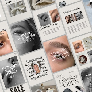 May include: A collection of social media templates featuring close-up photography of eyes, eyebrows, and eyelashes, paired with typography including phrases like Lash Art With Precision, About Us, Enhancing Your Lashes, and Bookings are Open.