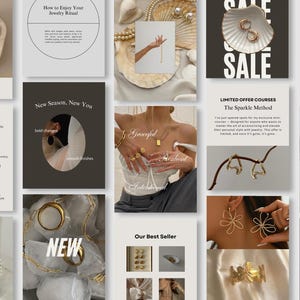 May include: A collage of jewelry-themed images, including a watch, necklaces, rings, earrings, and bracelets. Some images feature text like "SALE", "NEW", and "Our Best Seller". The overall aesthetic is minimalist and elegant, with a focus on gold tones.
