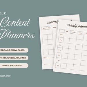 May include: Digital content planners in a neutral colour scheme. The image shows monthly and weekly planner layouts, with spaces for notes and daily scheduling. Text on the image includes "Content Planners" and "2 Editable Canva Pages".